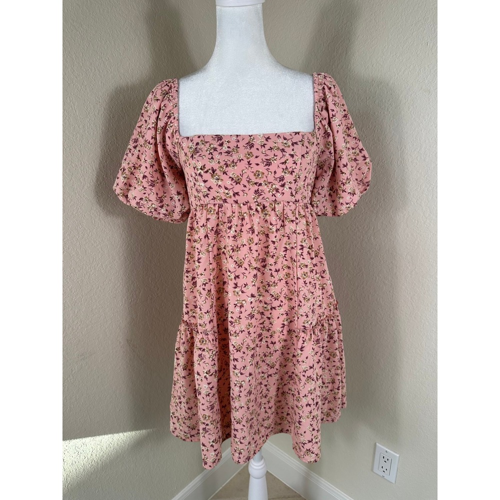 Dee Elly Mini Dress Women Small Pink Y2K Babydoll Puff Sleeve Floral Cottagecore